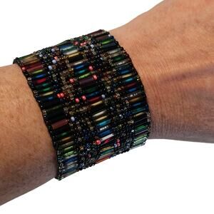 Tribal Artisan Tube Bead Black Multicolor Stretch Bracelet
